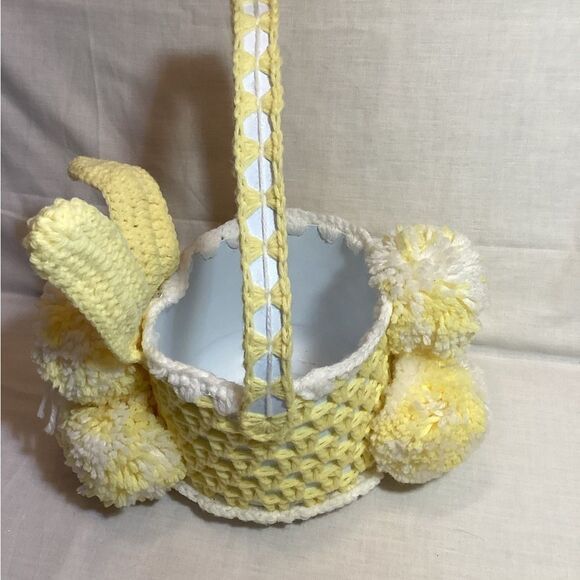 Bunny Easter Basket Handmade Yellow & White Yarn Crochet with Pom Poms - Picture 9 of 12